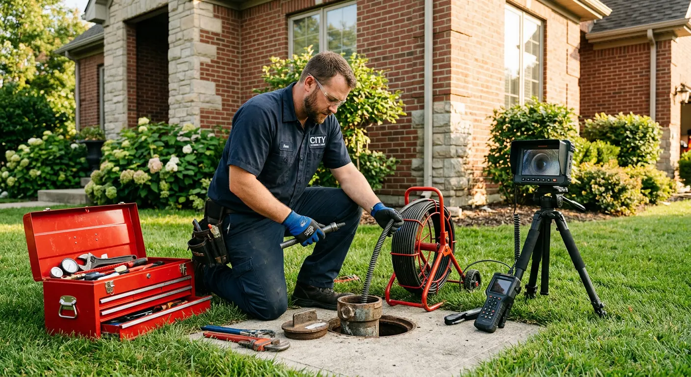 Sewer specialist with camera equipment servicing a cleanout in Williamsburg
