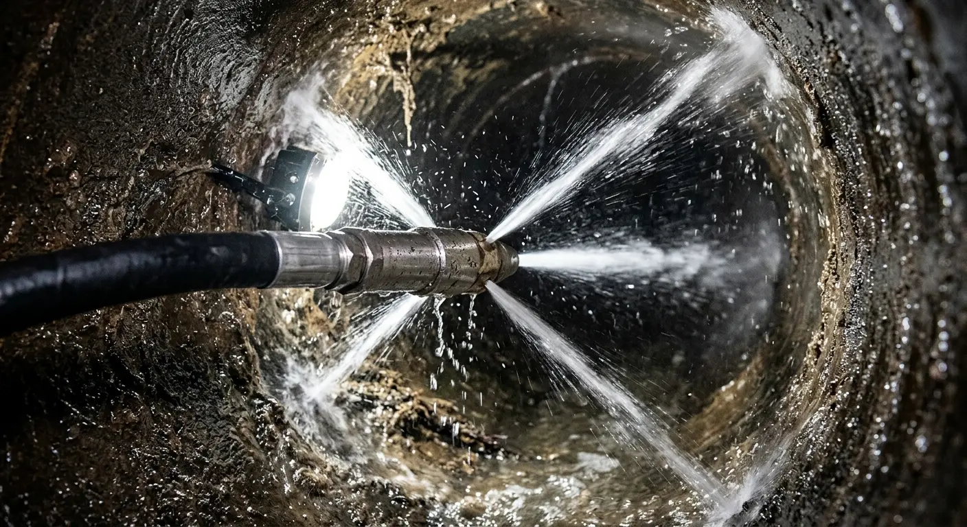 High-pressure hydro jetting nozzle cleaning sewer pipe for Trenchless Sewer Repair in Williamsburg