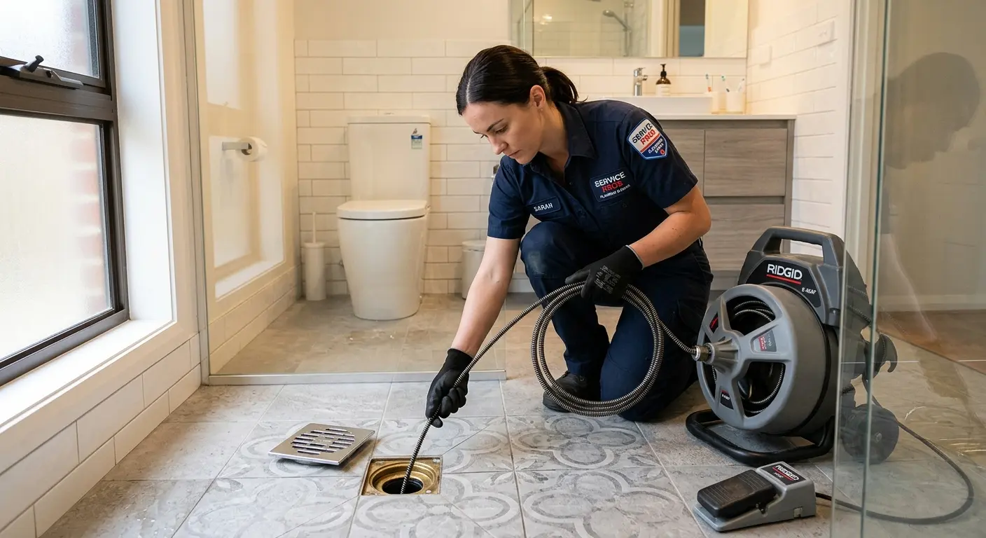 Technician clearing a bathroom floor drain for Clogged Drain Repair in Williamsburg